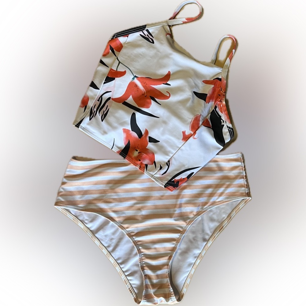 Floral Crop Top Bikini Set Striped Bottoms Medium Adjustable Straps - Size M